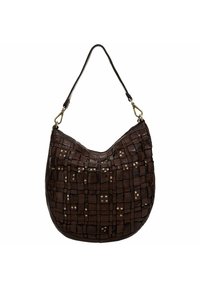 Braune Lederhandtasche mit gewebter Textur, ausgestattet mit goldfarbenen Akzenten und einem einzelnen Schultergurt. Kurvige Form mit weichem Finish.