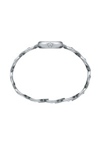 Bracelet en métal ton argent avec segments reliés, présentant un cadran rectangulaire et un logo au centre. Texture lisse, design moderne.
