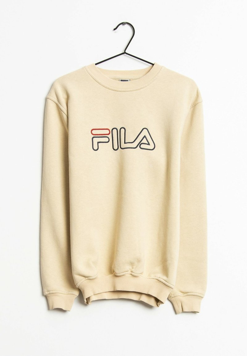 Felpa beige con collo a giro, polsini e orlo a costine. Presenta il logo "FILA" in rosso e nero. Il materiale sembra una stoffa morbida e leggera.