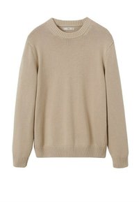Helles beiges Strickpullover mit rundem Ausschnitt, gerippten Bündchen und Saum, der ein strukturiertes Muster im gesamten Stoff aufweist.