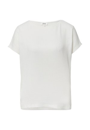 White textured short-sleeve blouse with round neckline and a small brand label at the collar.