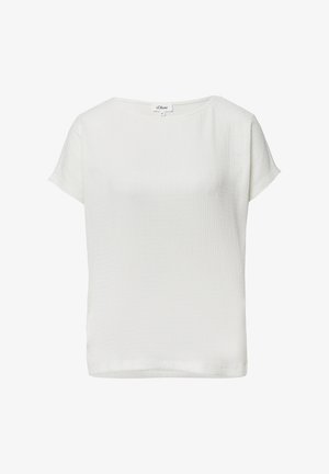 White textured short-sleeve blouse with round neckline and a small brand label at the collar.