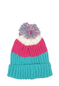 Knit beanie in teal, pink, and white stripes, featuring a multicolored pom-pom on top. Ribbed texture and rounded shape.