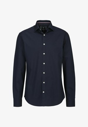 Navyblaue Button-Down-Hemd aus Baumwolle mit Kragen, langen Ärmeln und weißen Knöpfen. Verfügt über ein gesticktes Logo auf der Brust.