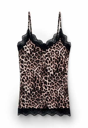 Leopardenmuster-Camisole mit dünnen Trägern und schwarzer Spitzenverzierung am Ausschnitt und Saum, flach auf weißem Hintergrund liegend.