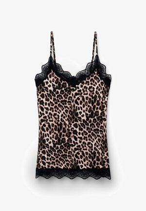 Leopardenmuster-Camisole mit dünnen Trägern und schwarzer Spitzenverzierung am Ausschnitt und Saum, flach auf weißem Hintergrund liegend.