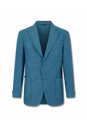 Blauwe enkelrijige blazer met inkeping revers, twee opgestikte zakken aan de voorkant, twee knopen en een borstzak, getoond op een witte achtergrond.