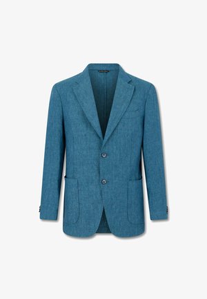Blauwe enkelrijige blazer met inkeping revers, twee opgestikte zakken aan de voorkant, twee knopen en een borstzak, getoond op een witte achtergrond.