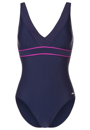 Marineblauer Einteiler mit tiefem V-Ausschnitt, pinken Nähten an den Trägern und pinkem Besatz unter der Brust.
