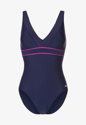 Marineblauer Einteiler mit tiefem V-Ausschnitt, pinken Nähten an den Trägern und pinkem Besatz unter der Brust.