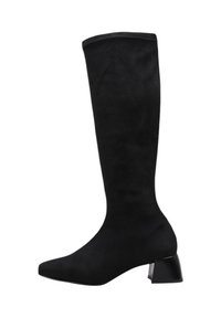 Black knee-high boot made of smooth suede. Features a square toe and a chunky, glossy heel for stability and modern design.