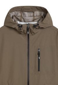 Khaki jacket with a hood, front zipper, and mesh lining. Features a chest pocket with a zipper and drawstring adjustments on the hood.