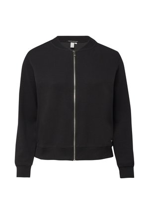 Veste noire à fermeture éclair avec col, poignets et ourlet côtelés, présentée à plat avec vue de face et fermeture éclair argentée.