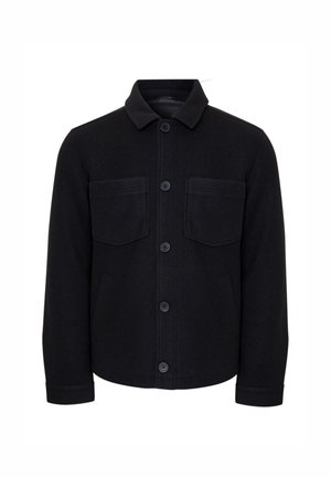 Schwarze Wolljacke mit einem Kragen, vier Taschen auf der Vorderseite und Knopfverschlüssen. Mit einem strukturierten Stoff und langen Ärmeln.