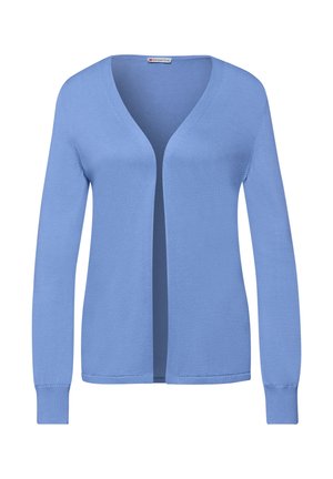 Jasnoniebieski kardigan z otwartym przodem, z długimi rękawami i prążkowanymi mankietami, wykonany z miękkiej dzianiny.