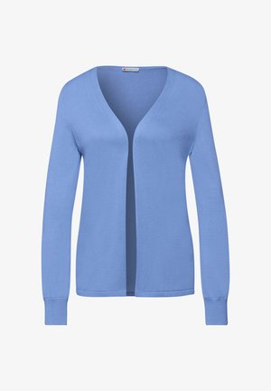 Cardigan azzurro chiaro con apertura frontale, maniche lunghe e polsini a costine, realizzato in morbido tessuto lavorato a maglia.