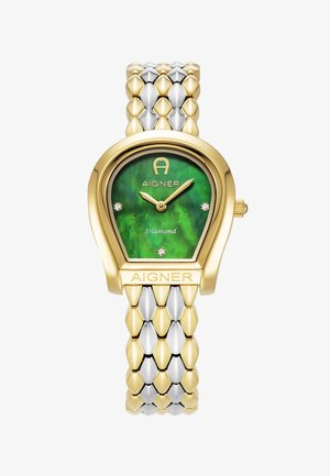Gouden en zilveren metalen horloge met een groene wijzerplaat en diamanten accenten, ovale vorm en een getextureerd bandontwerp met afwisselende kleuren.