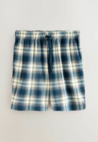 Karierte Shorts in Blau und Creme, mit elastischem Bund und Kordelzug. Hergestellt aus leichtem Stoff mit glatter Textur.