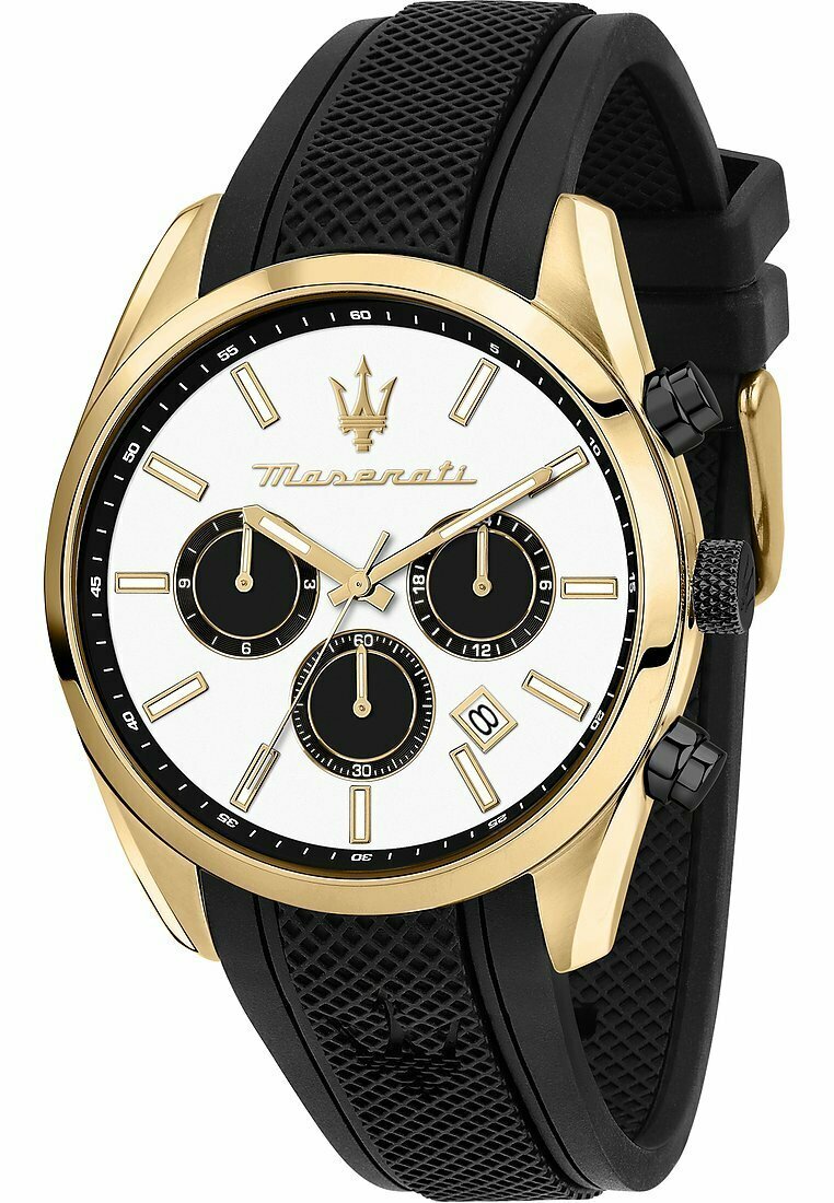 Gouden horloge met een witte wijzerplaat, drie zwarte subdials en een datvenster. Voorzien van een zwarte rubberen band met een gepatineerde textuur en drukknoppen.