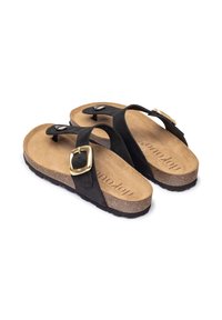 Sandali infradito neri in suede con plantare in sughero, dotati di una fibbia dorata e dettagli neri. Suola testurizzata per una presa e un comfort ottimali.