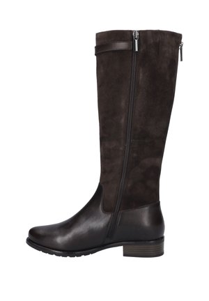 Brown leather and suede knee-high boots with a side zipper. Features a rounded toe and a low, stacked heel. Smooth and textured materials.