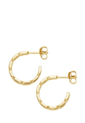 Goldene Creolen mit einem Bambusdesign, einer strukturierten Oberfläche und einem sicheren Verschluss. Runde Form mit polierter Oberfläche.