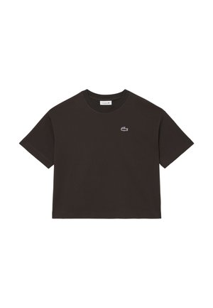 T-shirt cropped marron foncé en coton, avec un col rond et des manches courtes, présentant un petit logo brodé sur la poitrine gauche.
