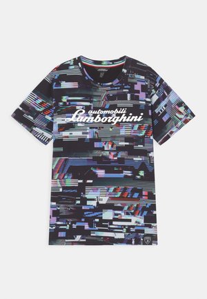 Black short-sleeve T-shirt with multicolor glitch pattern and white "automobili Lamborghini" text across the chest.