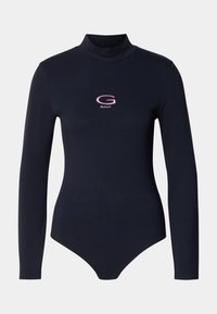 Marineblauw longsleeve bodysuit met hoge hals, gemaakt van zacht materiaal, met een geborduurd roze letter "G" en merknamen op de borst.