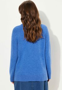 Blauer gestrickter Pullover mit lockerer Passform, gerippten Bündchen und Saum, weichem Material und langen Ärmeln, von hinten gezeigt.
