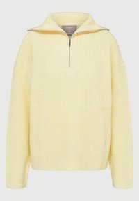 Knitted pullover in soft yellow, featuring a half-zip design, wide collar, and ribbed texture. Loose fit with long sleeves.