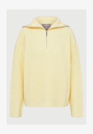 Pullover lavorato a maglia in morbido giallo, con design a mezza zip, colletto ampio e trama a coste. Vestibilità morbida con maniche lunghe.