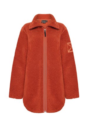 Orange Fleecejacke mit hohem Kragen und durchgehendem Reißverschluss. Verfügt über einen strukturierten Stoff, weite Ärmel und ein Logodetail am linken Arm.