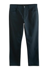 Pantalone od plave pamučne mješavine s ravnim nogavicama, s prednjim džepovima, kopčanjem na dugme i glatkom teksturom.