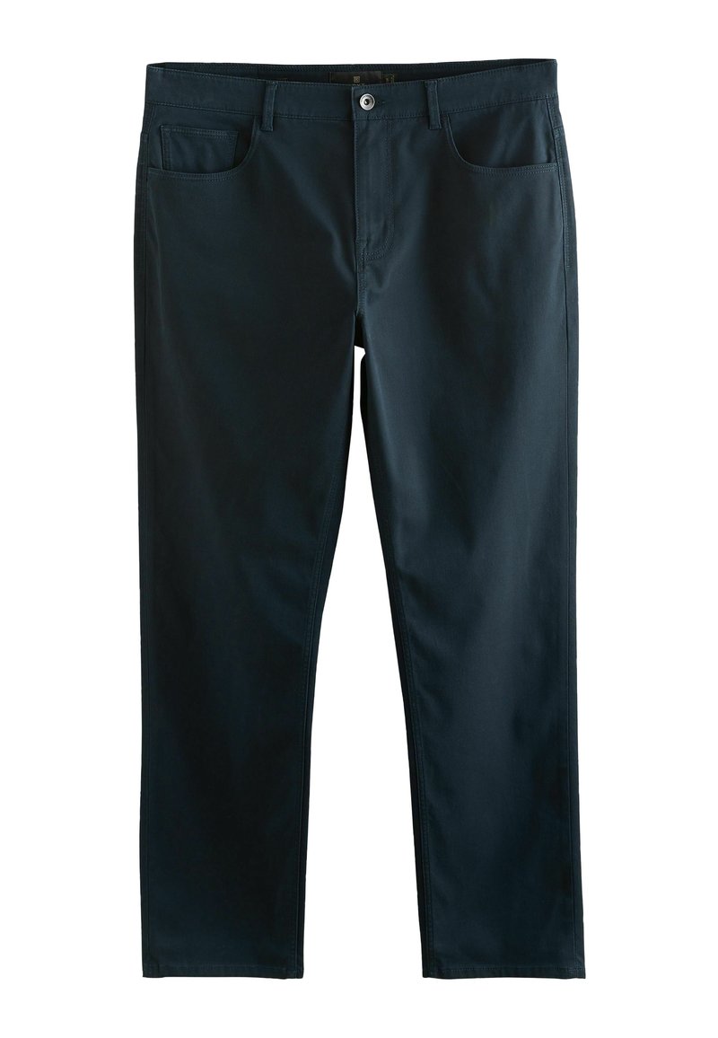 Pantalone od plave pamučne mješavine s ravnim nogavicama, s prednjim džepovima, kopčanjem na dugme i glatkom teksturom.