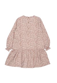 Kleid mit floralen Mustern aus weichem, rosa Stoff, mit langen Ärmeln, einem gerafften Rock und einem Rückenschluss mit drei Knöpfen.