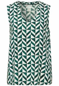 Top senza maniche con scollatura a V, che presenta un motivo geometrico verde e bianco di triangoli e chevron alternati su un tessuto liscio.