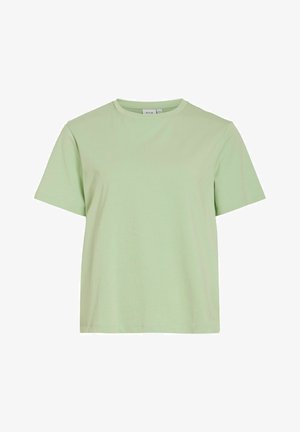 T-shirt court en coton vert clair à manches courtes avec un col rond, présenté sur un fond blanc.