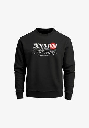 Black sweatshirt with a crew neck, featuring bold white and red graphic text and mountain designs on the front. Soft fabric texture.