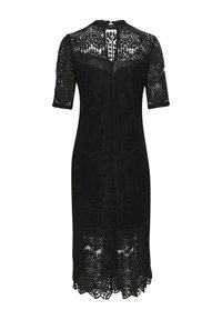 Vestido negro de encaje con mangas cortas, cuello alto, intrincado patrón floral y dobladillo con forma de ola. Espalda descubierta con pequeño cierre de botón.