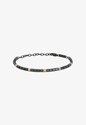 Pulsera de cadena negra con cuentas metálicas cuadradas en negro, dorado y plateado, con un cierre seguro y un patrón de colores alternados.