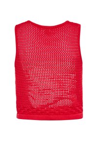 Rotes gestricktes Crop-Top mit einem Netzdesign und Rundhalsausschnitt. Verfügt über einen soliden Saum mit einem strukturierten Muster am unteren Rand.