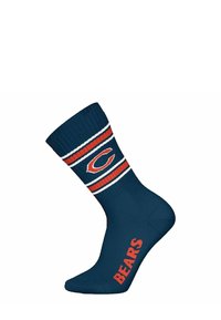 Calcetines azul marino con un diseño de puño a rayas en rojo y blanco. Presentan un logo y la palabra "BEARS" en texto rojo en negrita en el lateral.