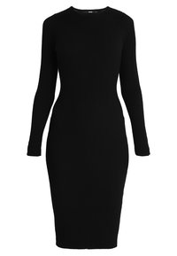 Abito a maniche lunghe nero a coste con silhouette aderente, scollo rotondo e orlo al ginocchio. Realizzato in tessuto elasticizzato per garantire comfort.