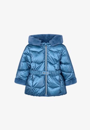 Giacca a vento in turchese lucido, con cappuccio foderato in pelliccia, vita elastica e maniche con polsini. Chiusura con zip e texture morbida.