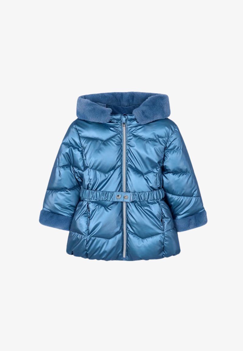 Gewatteerde jas in glanzend turquoise, met een met bont gevoerde capuchon, elastische taille en omslagmouwen. Rits aan de voorkant en zachte textuur.