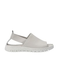 Světle šedé slip-on boty vyrobené z hladké kůže s elastickým zadním dílem, s bílou texturovanou gumovou podrážkou a otevřenou špičkou.
