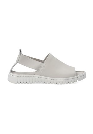 Hellgraue Slip-On-Schuhe aus glattem Leder mit einem elastischen Fersenbereich, versehen mit einer weißen strukturierten Gummisohle und einem offenen Zehendesign.