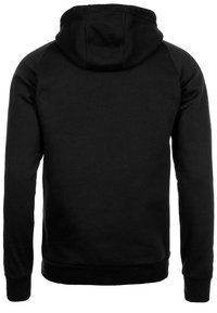 Sweat à capuche noir à manches longues avec capuche attachée, poignets et ceinture côtelés, montré de dos sur un fond blanc.