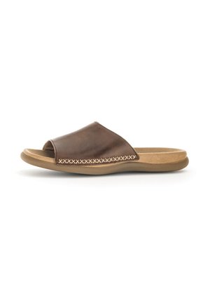 Brown leather slide sandal with an open toe, padded footbed, and contrasting stitching along the upper edge, featuring a flexible rubber sole.